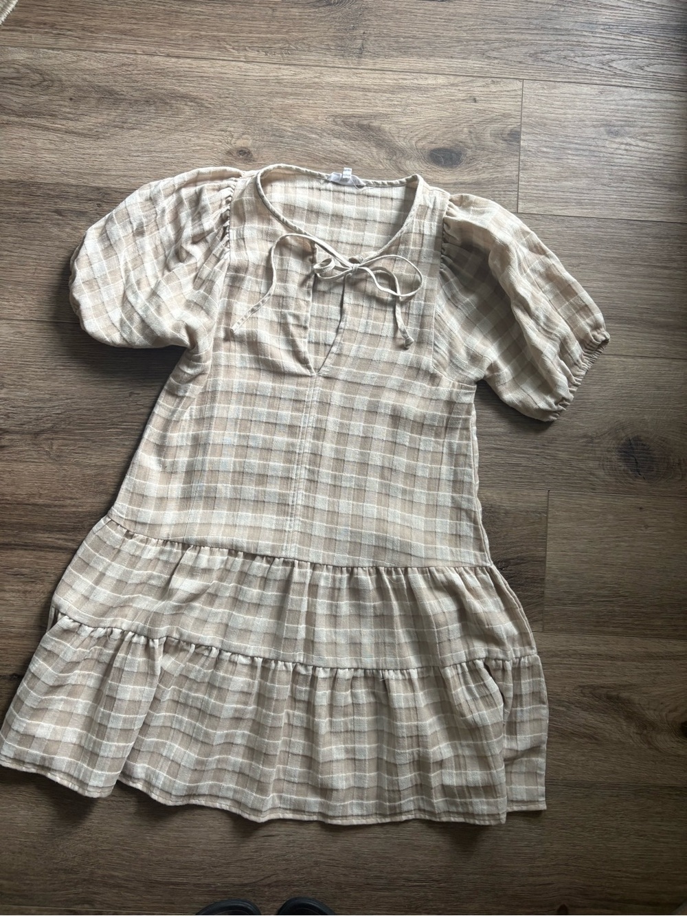 Linen blend Cottage core Beige Plaid Dress with Tie Neck #cottagecore